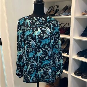 LOFT Black and Blue Long Sleeve Rounded Neckline Boxy Blouse